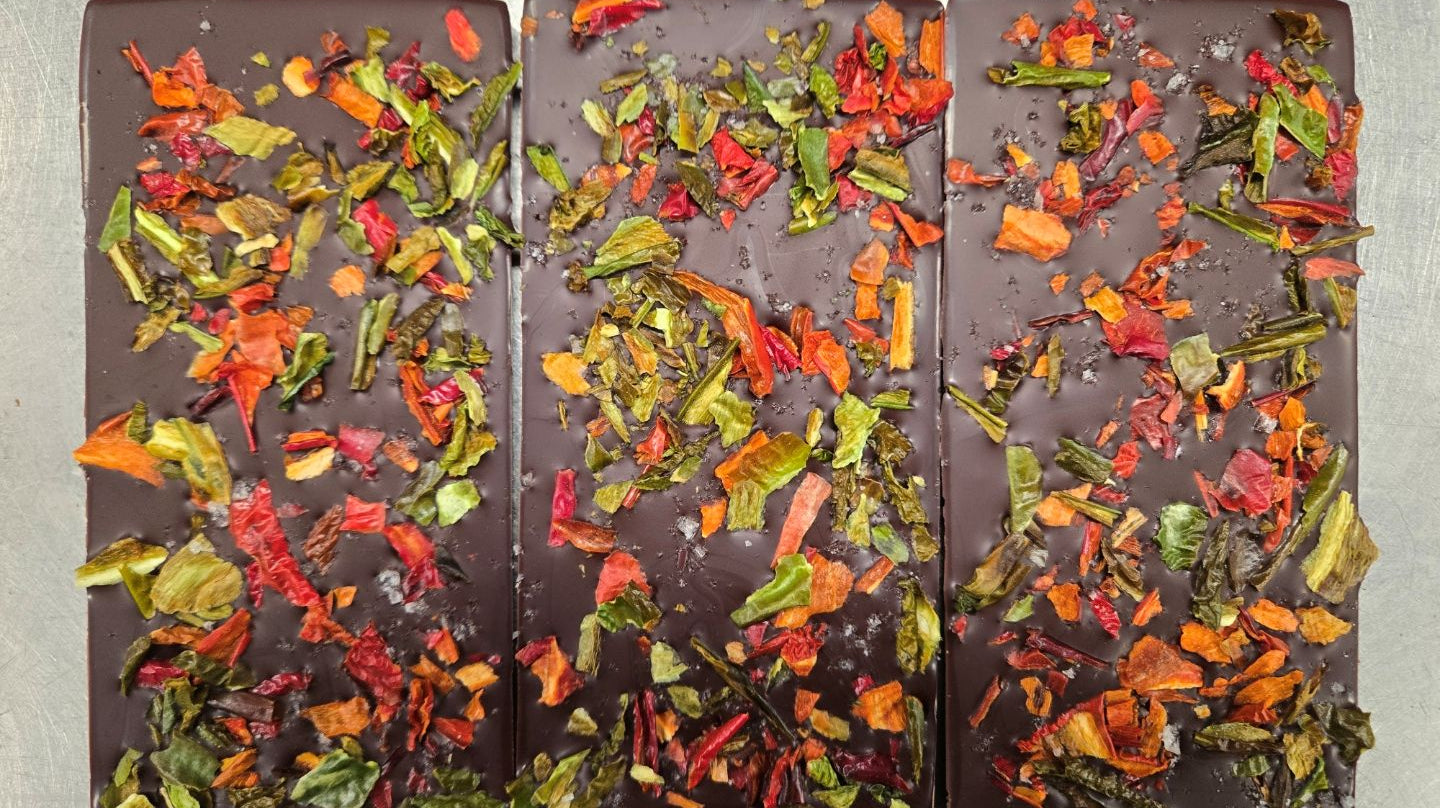 Moksha Chocolate Pueblo Chile Dark Chocolate bar, handcrafted in Boulder, Colorado with single-origin Zorzal cacao
