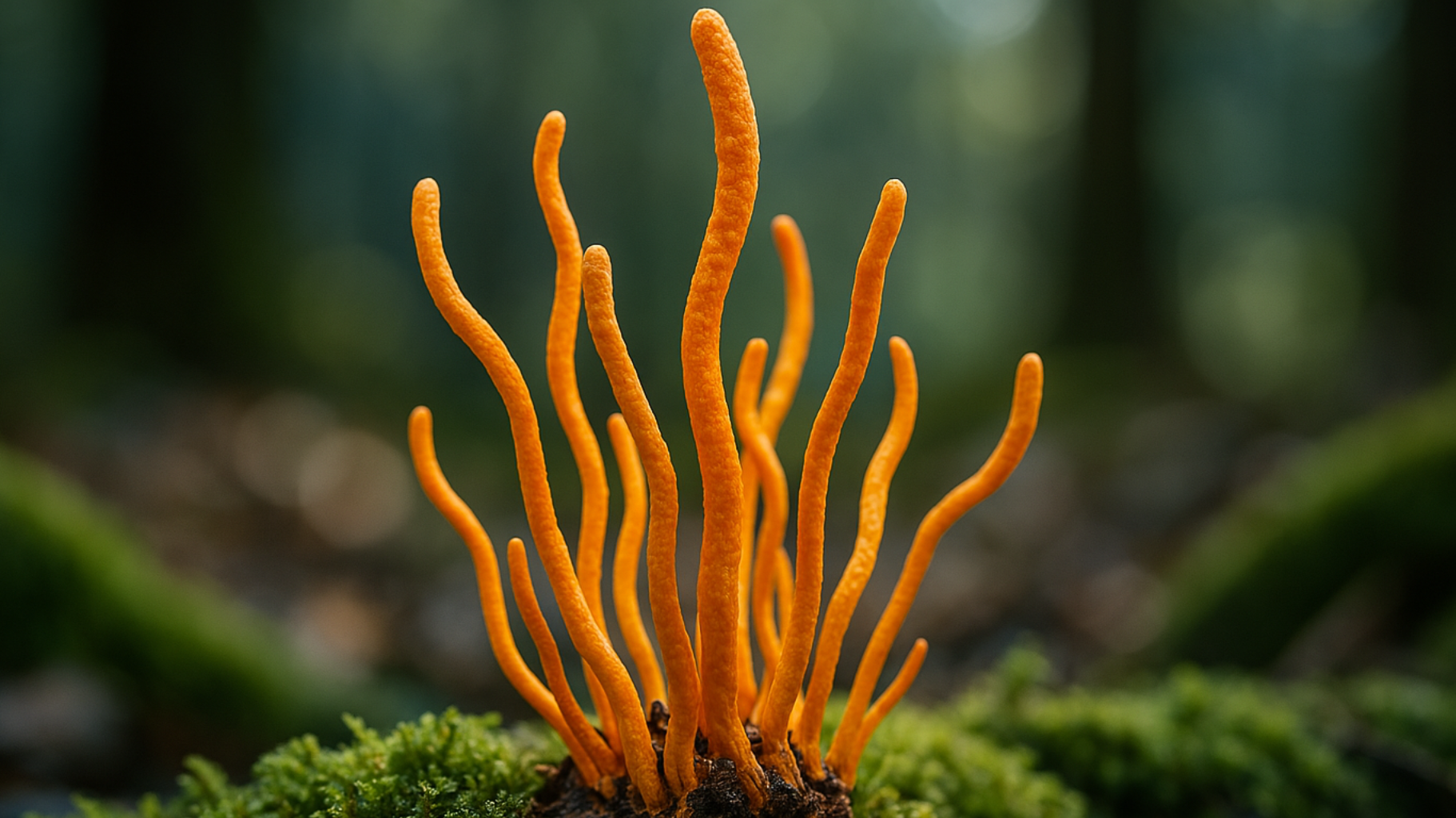 A cluster of bright orange Cordyceps militaris mushrooms growing on a mossy forest floor, captured in natural light.