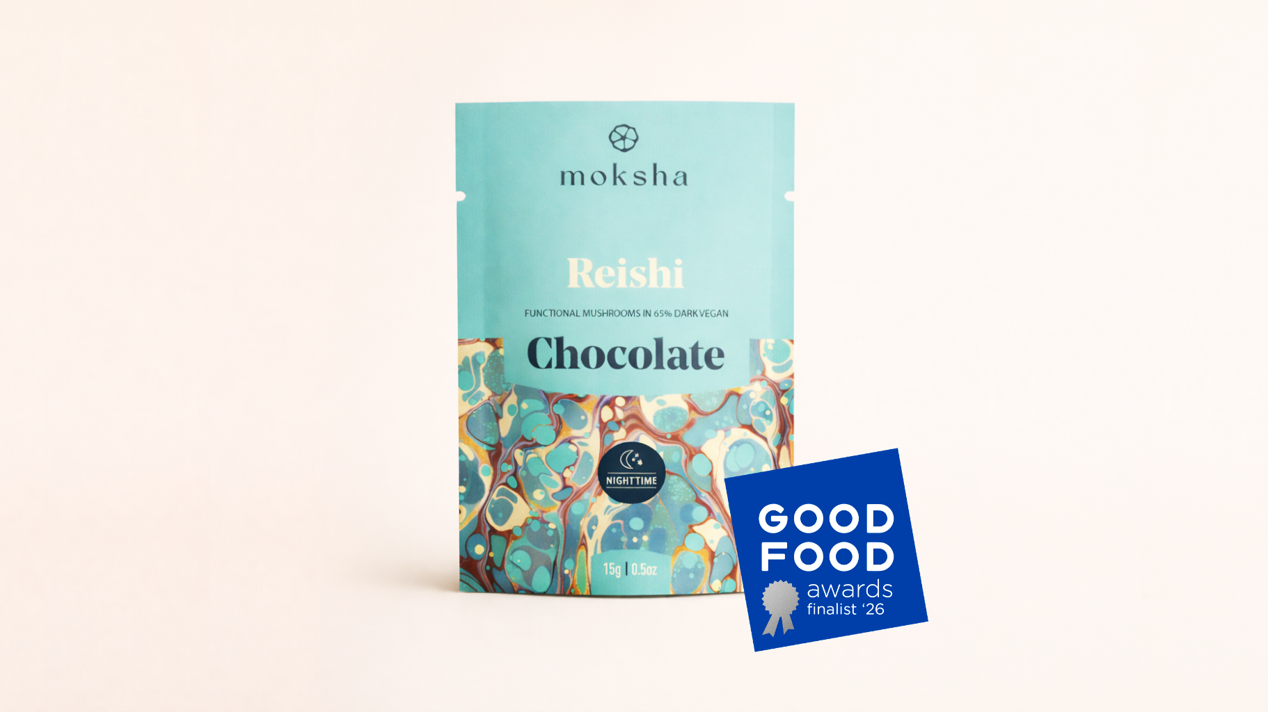 Moksha Chocolate 2026 Good Food Awards Finalist badge for Reishi Mushroom Chocolate Squares