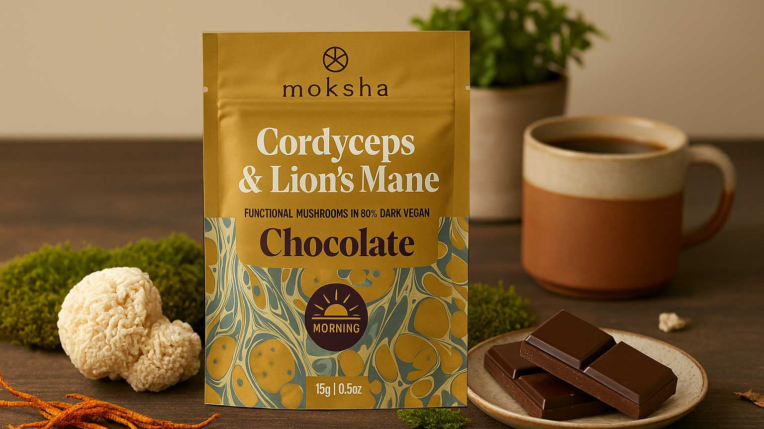 Moksha Chocolate Morning Cordyceps & Lion’s Mane functional mushroom chocolate with dark chocolate and mushrooms on a wooden table.