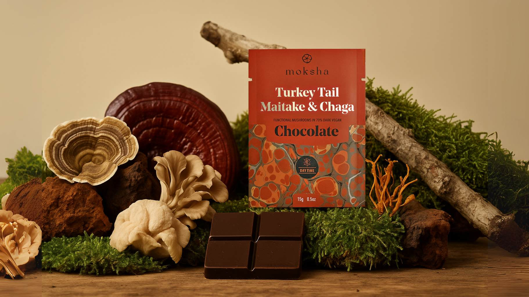 Moksha Daytime mushroom chocolate bar with turkey tail, Maitake, and Chaga on a dark background, made in Boulder Colorado