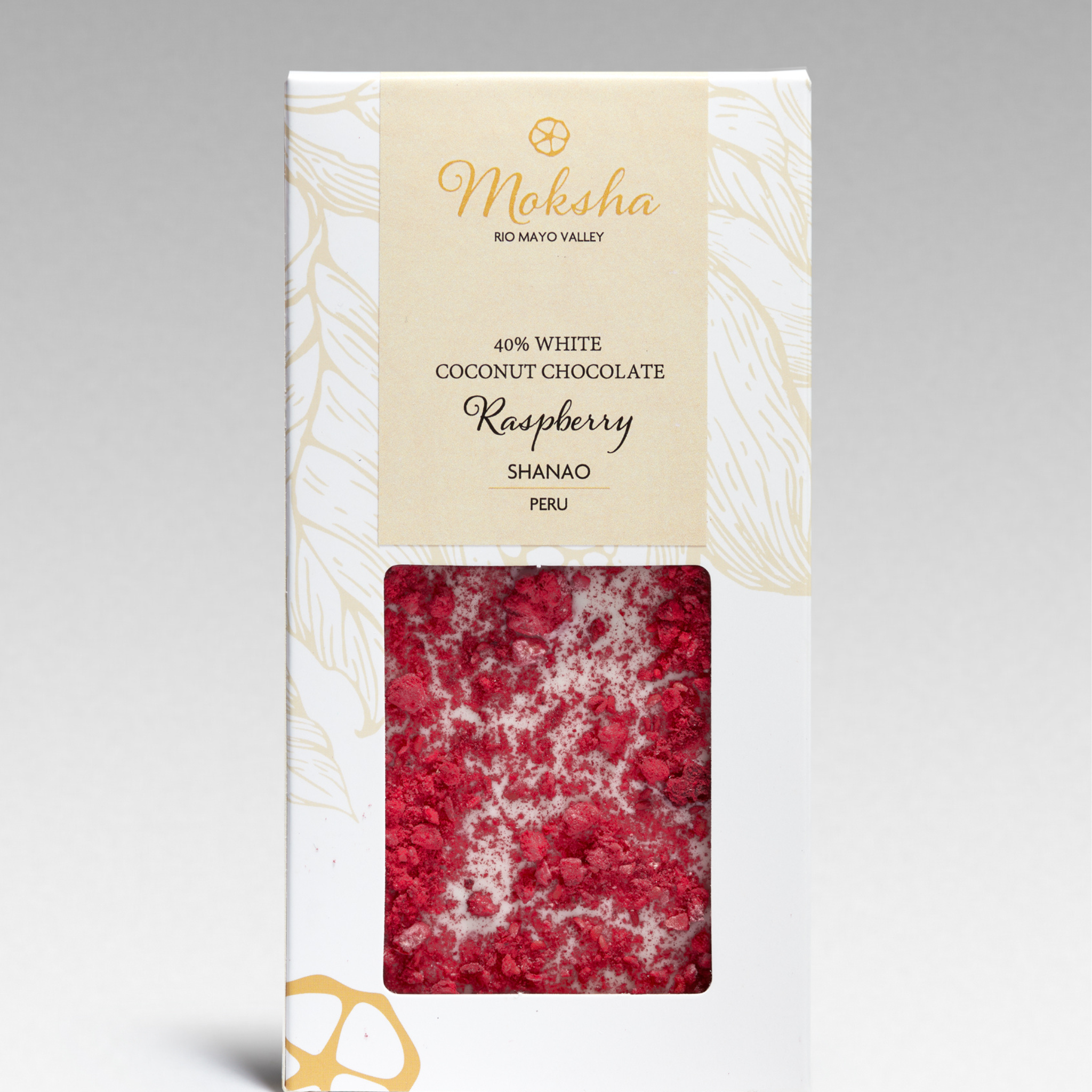 Moksha Chocolate 40% White Coconut Chocolate Raspberry Bar with freeze-dried raspberries, vegan and soy-free, handcrafted in Boulder, Colorado