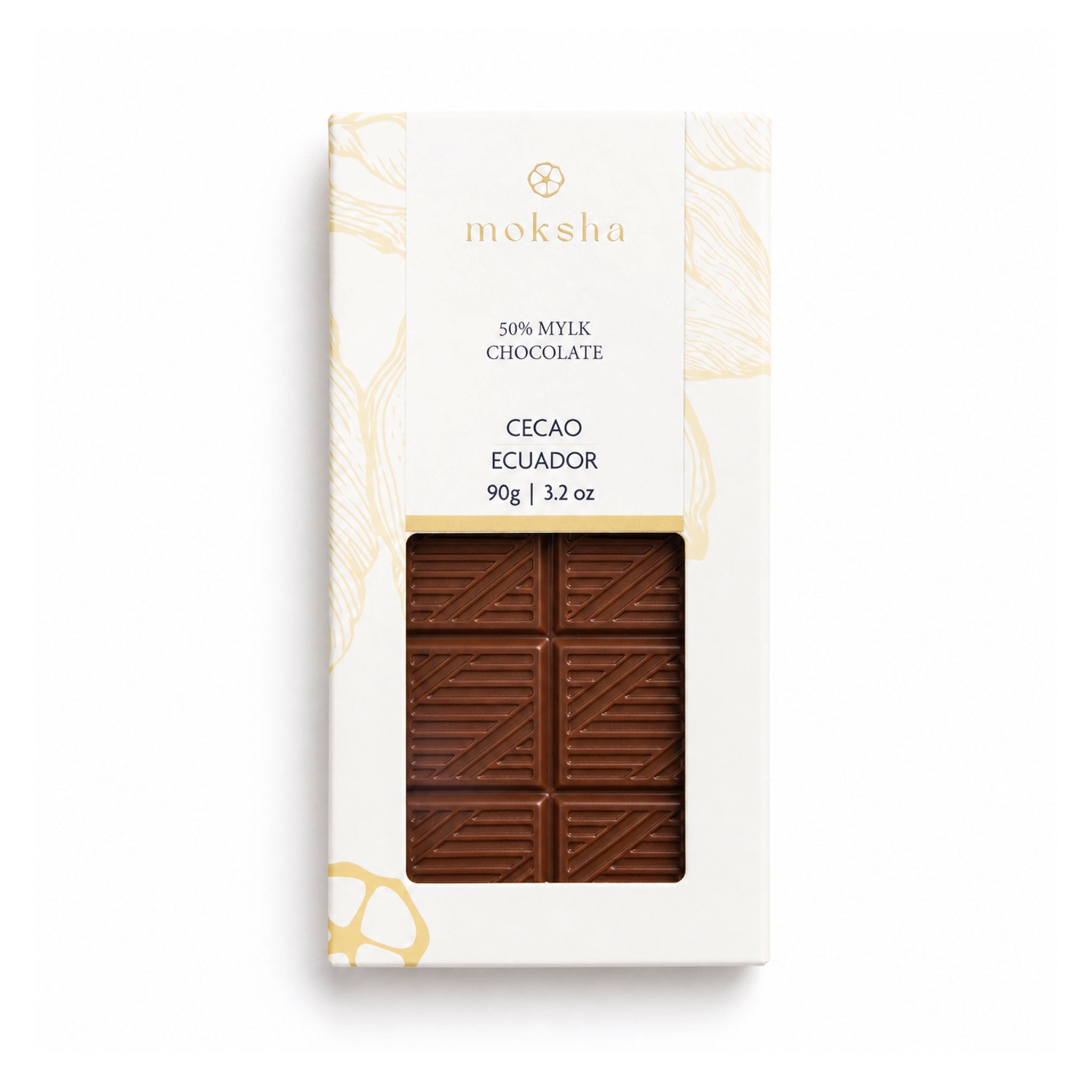 Moksha 50% Mylk Chocolate bar made with Cecao cacao from Ecuador, shown in white and gold packaging with smooth milk chocolate visible through the front window.