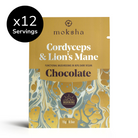 Moksha Cordyceps and Lion's Mane Chocolate Bar for Morning Focus – 12 servings of 80% dark vegan chocolate with functional mushrooms in gold and marbled packaging