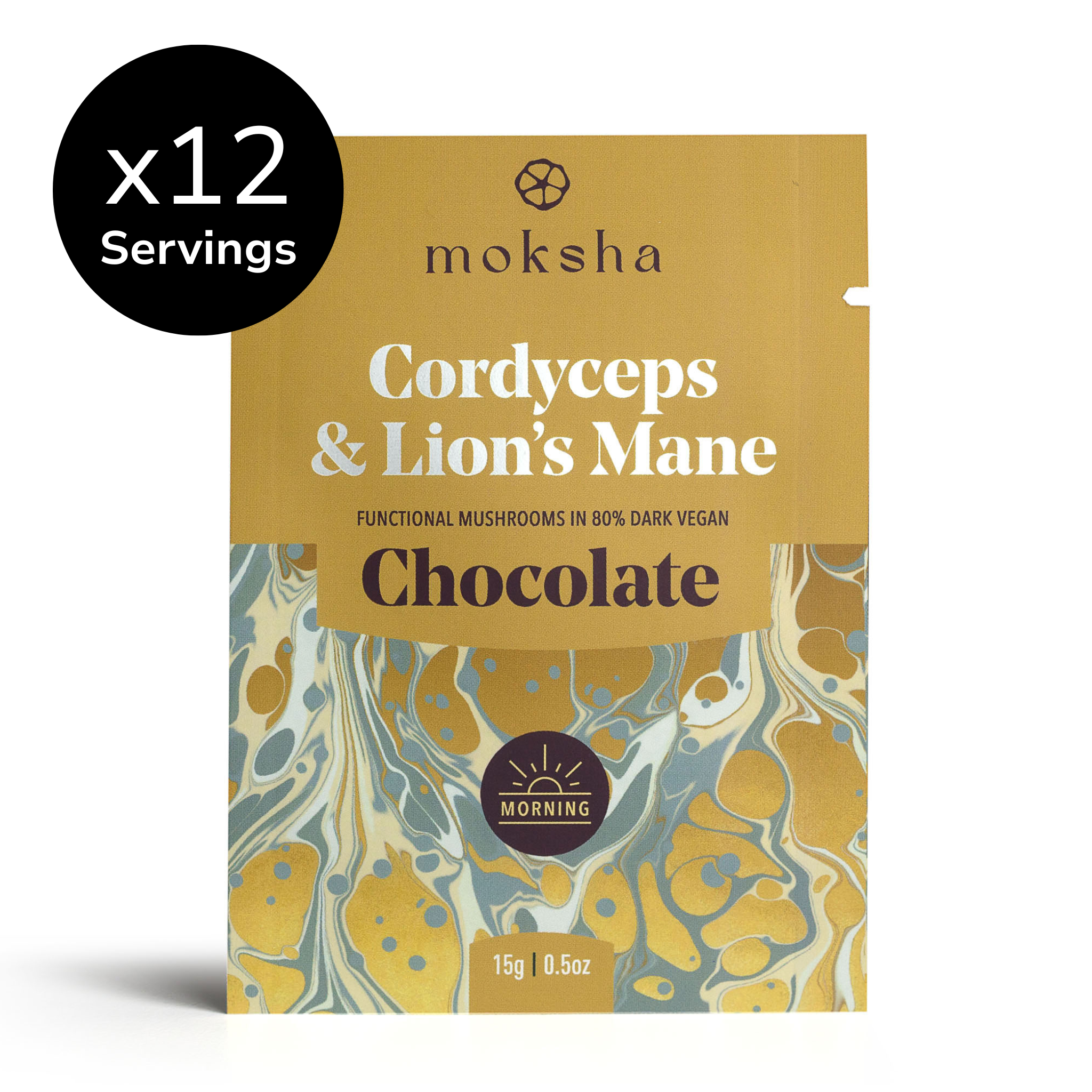 Moksha Cordyceps and Lion's Mane Chocolate Bar for Morning Focus – 12 servings of 80% dark vegan chocolate with functional mushrooms in gold and marbled packaging