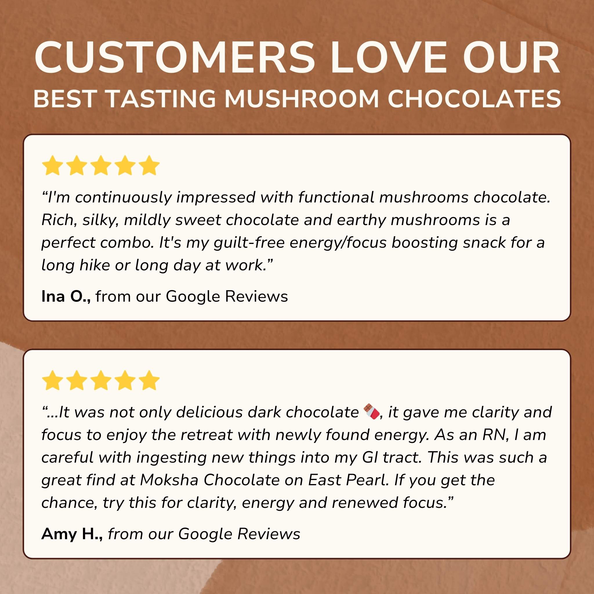 Customer reviews for Moksha functional mushroom chocolate highlighting taste, energy, and focus benefits with five-star ratings.