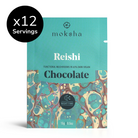 Moksha Reishi Chocolate Bar for Nighttime Relaxation – 12 servings of 65% dark vegan chocolate with functional mushrooms in teal marbled packaging.