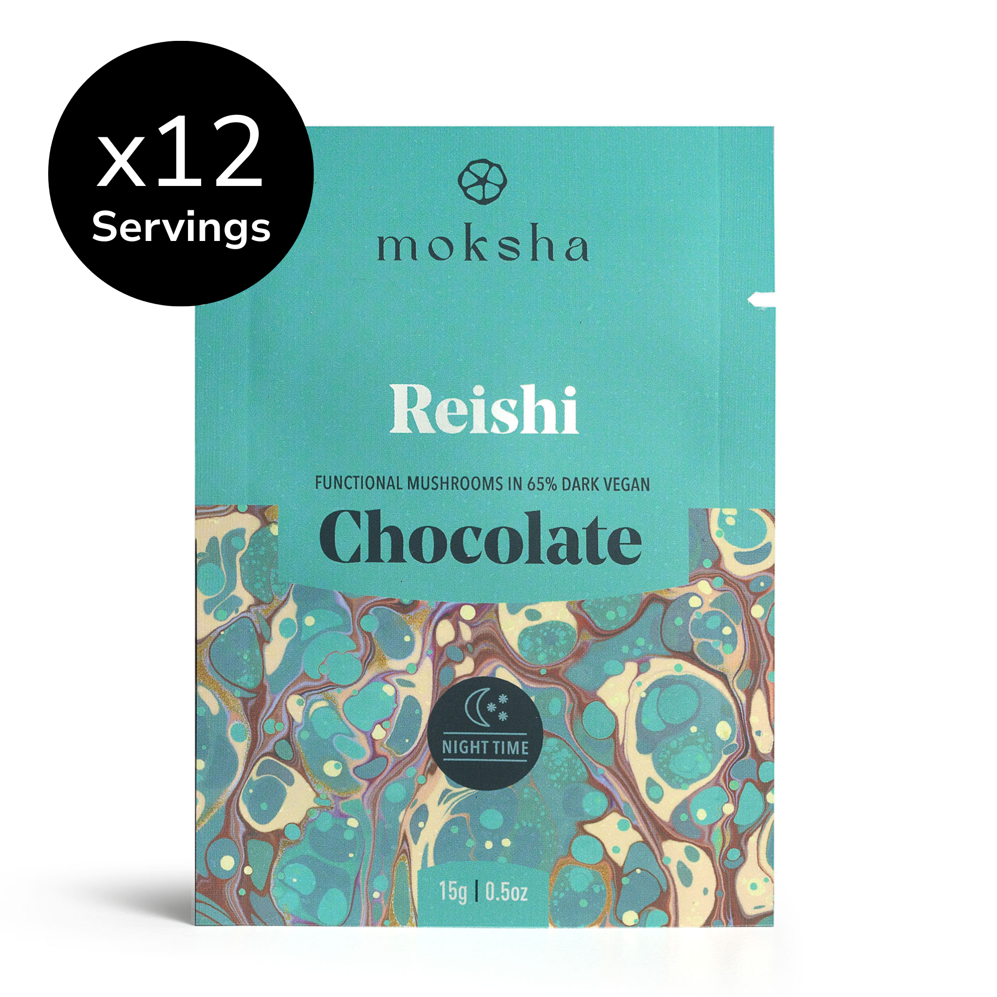 Moksha Reishi Chocolate Bar for Nighttime Relaxation – 12 servings of 65% dark vegan chocolate with functional mushrooms in teal marbled packaging.