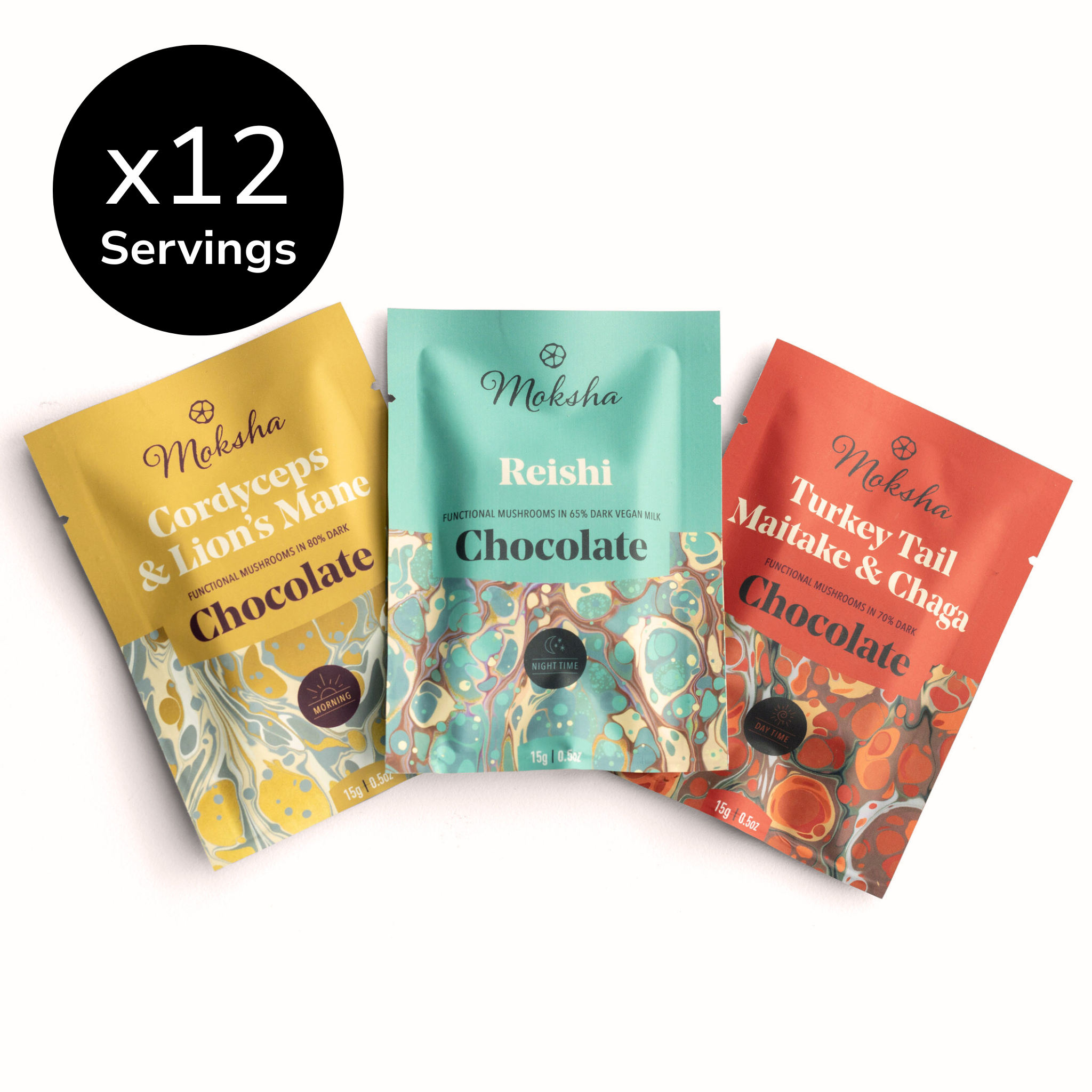 Moksha Chocolate sampler pack featuring 4 servings each of Cordyceps & Lion’s Mane Squares, Reishi Squares, and Turkey Tail Maitake & Chaga functional mushroom chocolates in colorful marbled packaging