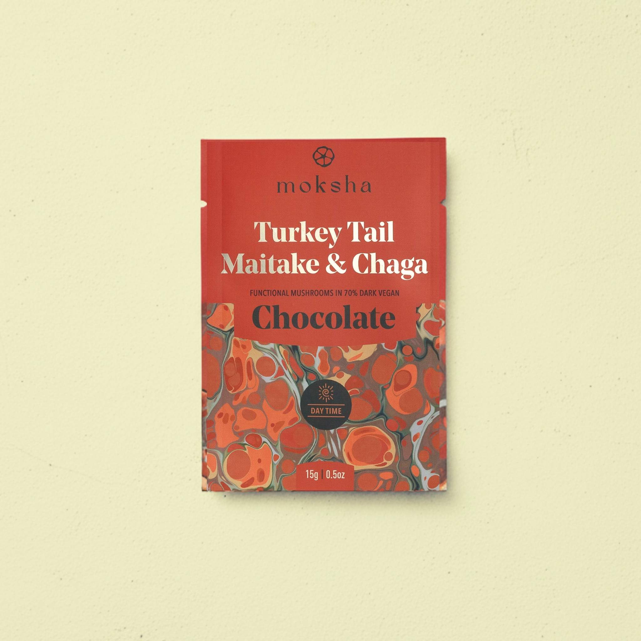 Moksha Turkey Tail, Maitake, and Chaga functional mushroom chocolate bar packaging.