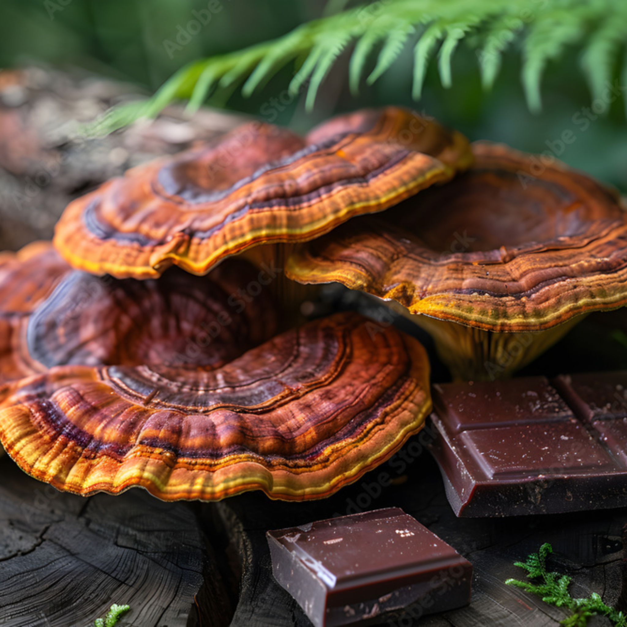 Vibrant Turkey Tail mushrooms displayed with dark chocolate pieces on a wooden surface, highlighting the pairing of functional fungi with artisan chocolate.