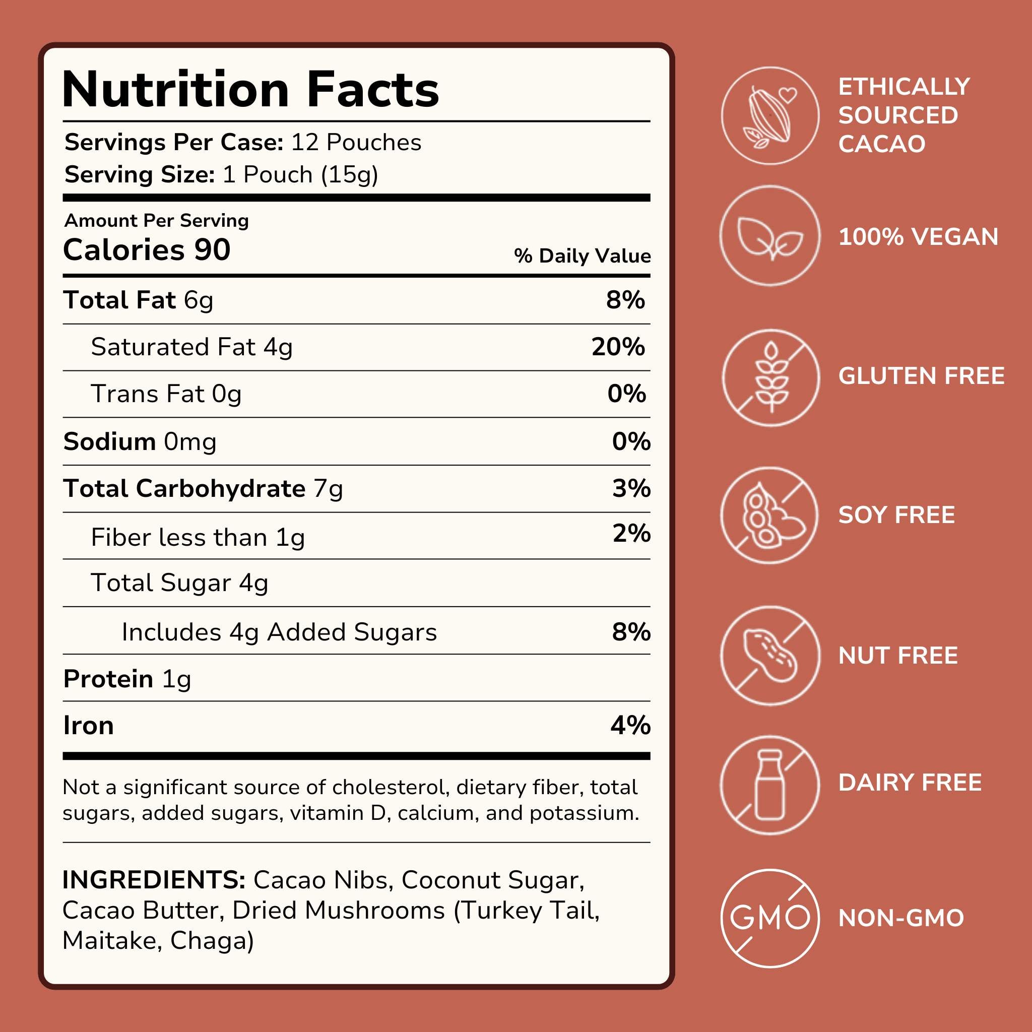 Nutrition facts and ingredients for Moksha Turkey Tail, Maitake, and Chaga functional mushroom chocolate with icons for vegan, gluten free, soy free, nut free, dairy free, and non-GMO.