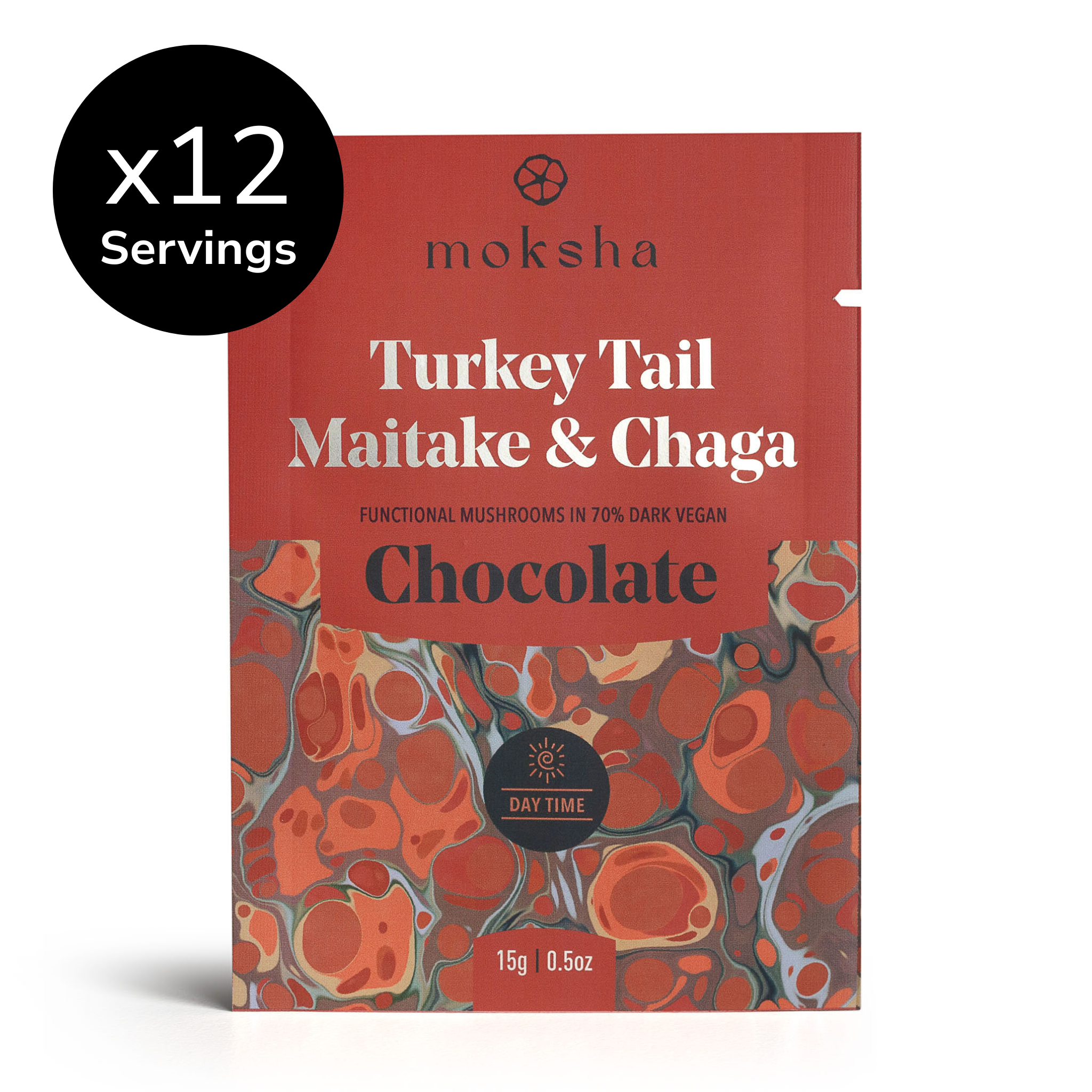 Moksha Turkey Tail, Maitake, and Chaga Chocolate Bar for Daytime Immunity – 12 servings of 70% dark vegan chocolate in red and marbled packaging.
