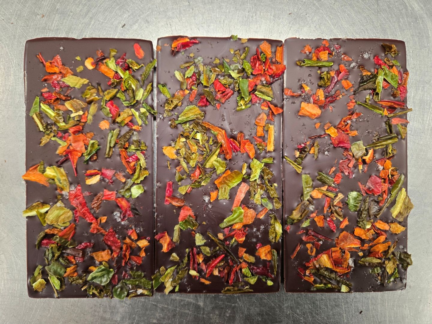 Moksha Chocolate Pueblo Chile Dark Chocolate bar, handcrafted in Boulder, Colorado with single-origin Zorzal cacao