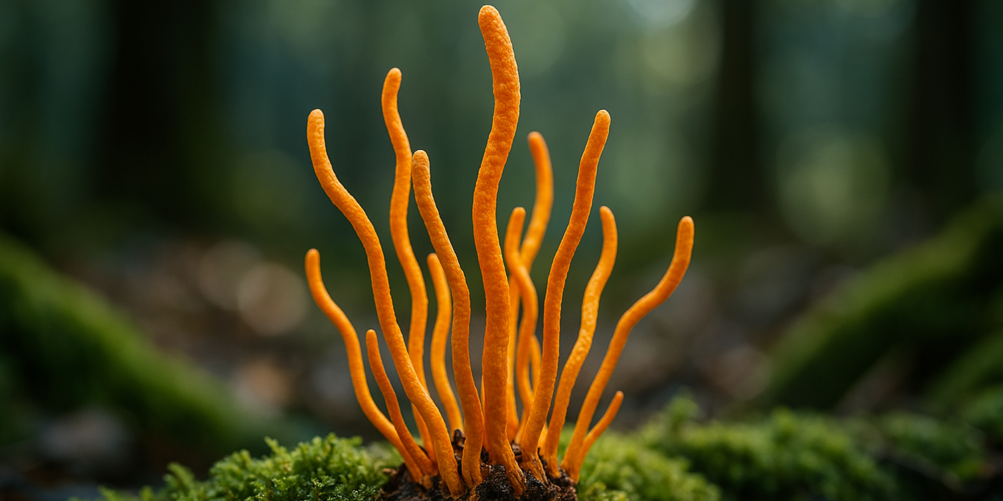 A cluster of bright orange Cordyceps militaris mushrooms growing on a mossy forest floor, captured in natural light.