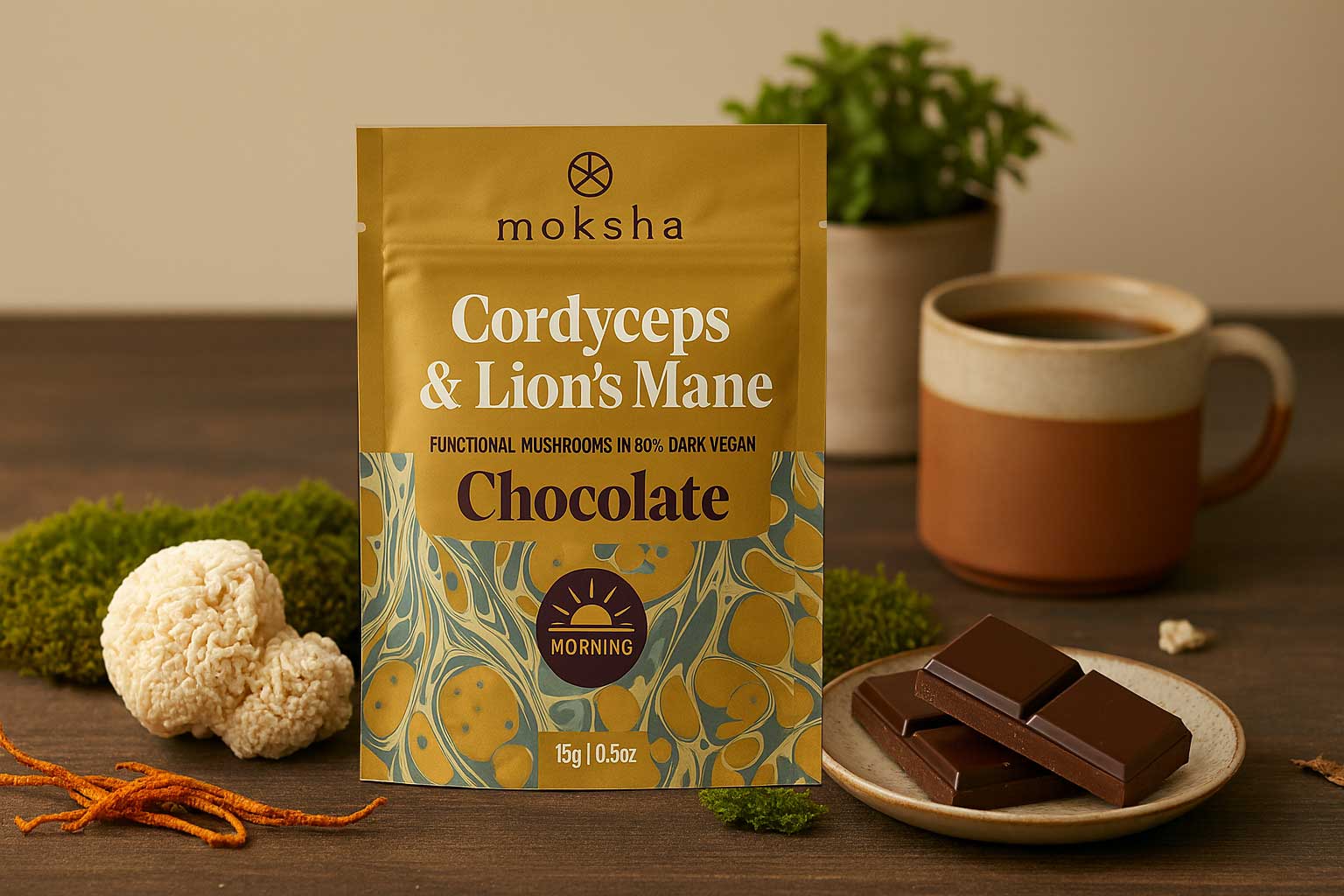Moksha Chocolate Morning Cordyceps & Lion’s Mane functional mushroom chocolate with dark chocolate and mushrooms on a wooden table.