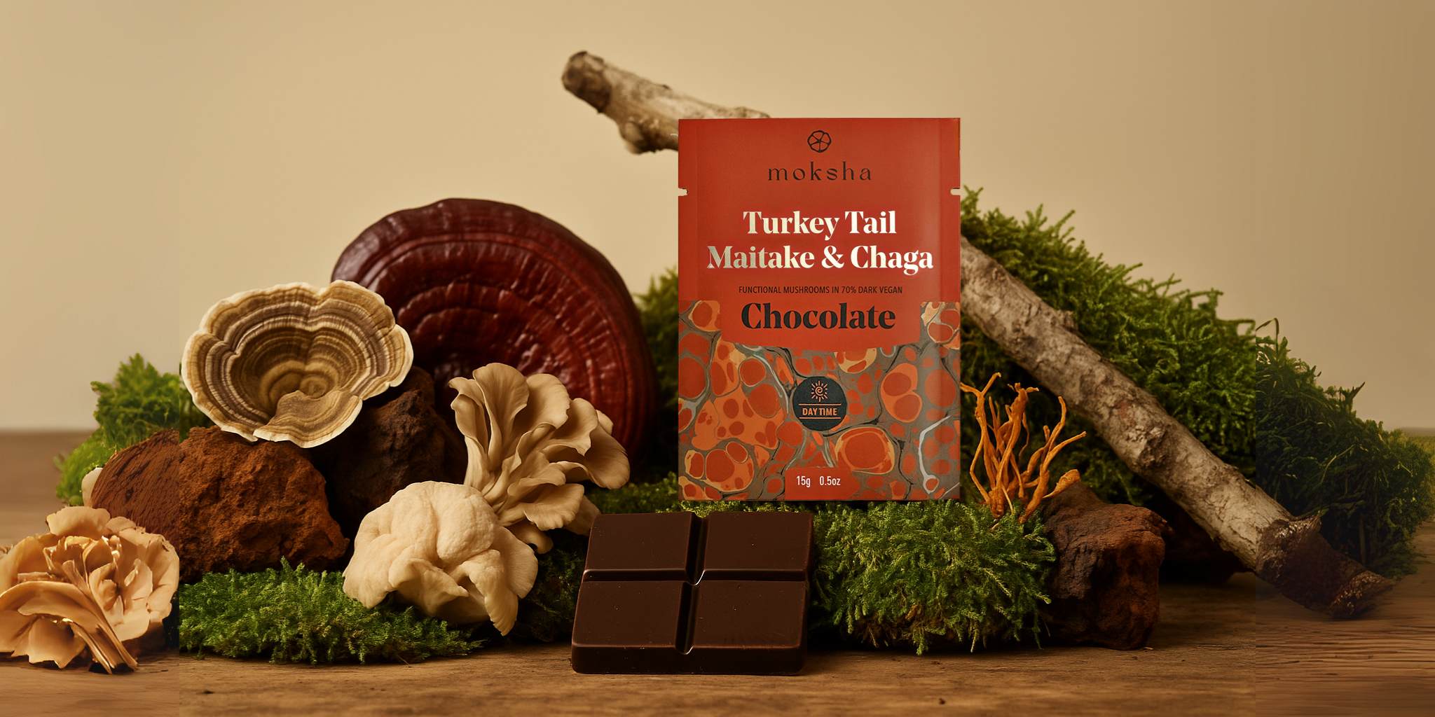 Moksha Daytime mushroom chocolate bar with turkey tail, Maitake, and Chaga on a dark background, made in Boulder Colorado