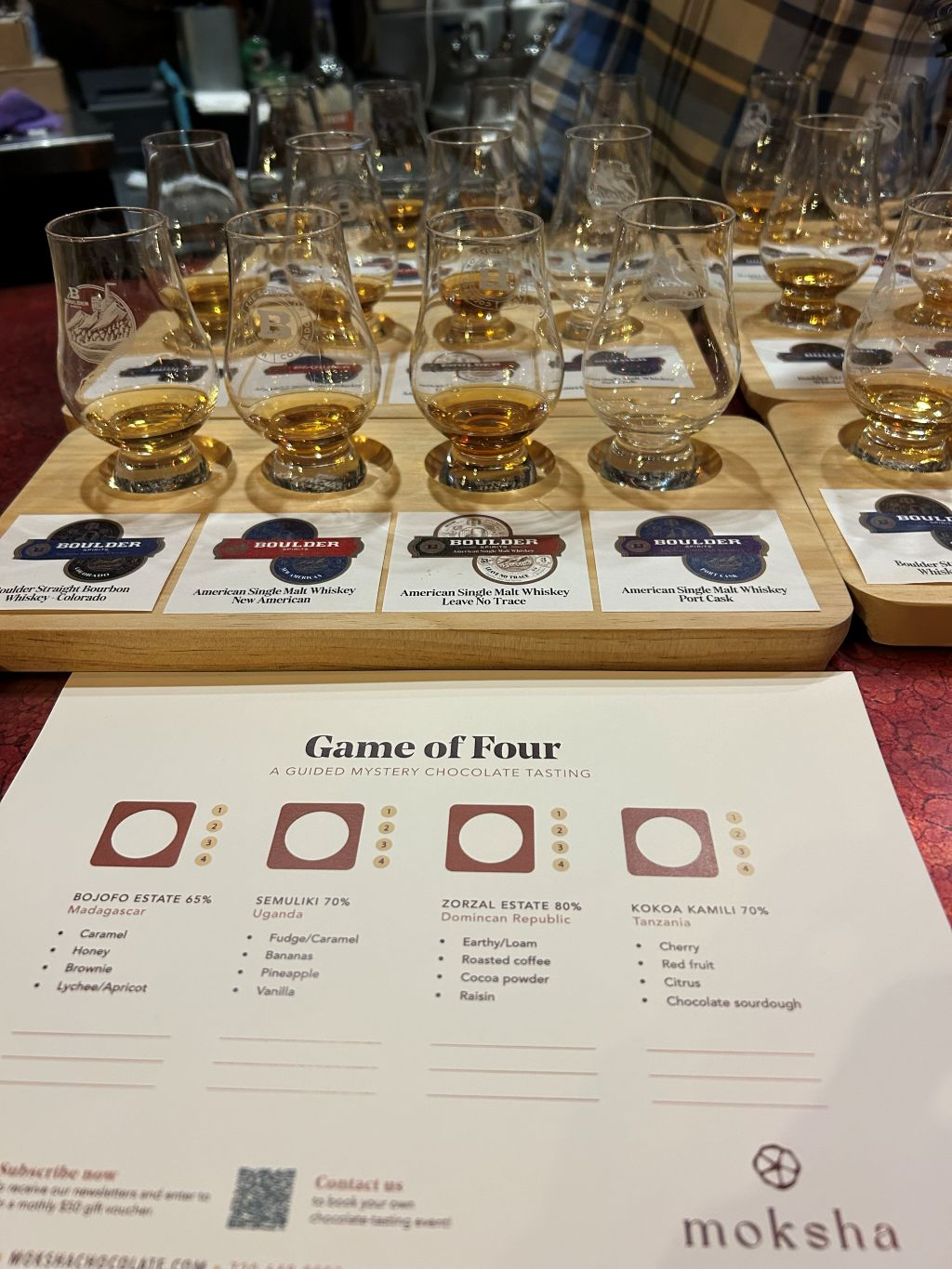 Whiskey and single-origin chocolate pairing at a Moksha Chocolate craft tasting event in Boulder, Colorado