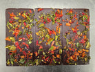 Three chocolate bars with colorful dried pueblo chile pieces on a stainless steel surface