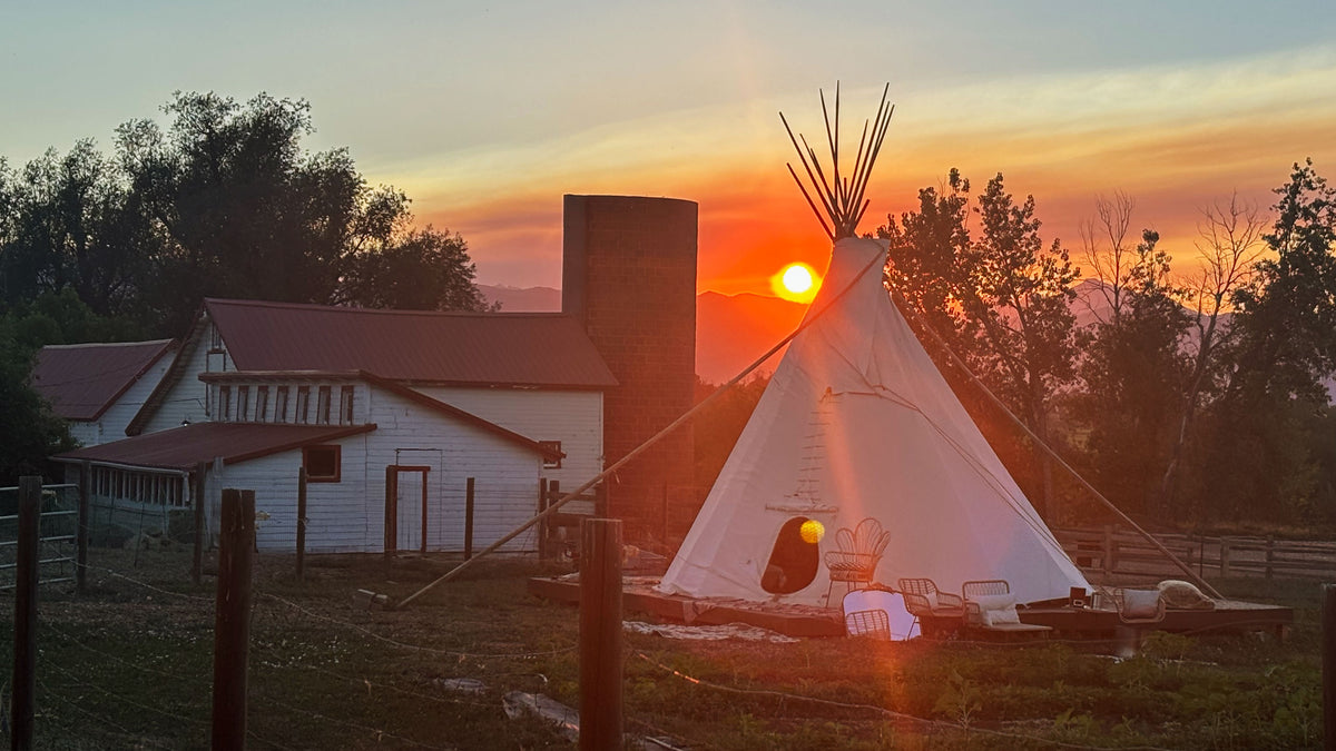 Sunset over the Balto Farms tipi after a private Moksha Chocolate tasting in Boulder, Colorado