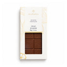 Moksha 50% Mylk Chocolate bar made with Cecao cacao from Ecuador, shown in white and gold packaging with smooth milk chocolate visible through the front window.