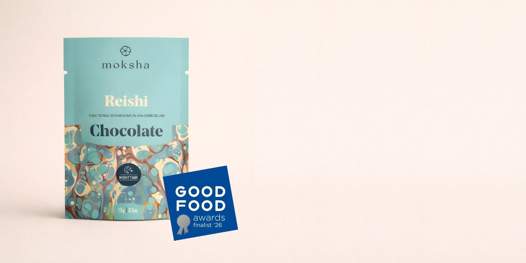 Moksha Reishi Chocolate package with 2026 Good Food Award Finalist badge on a beige background