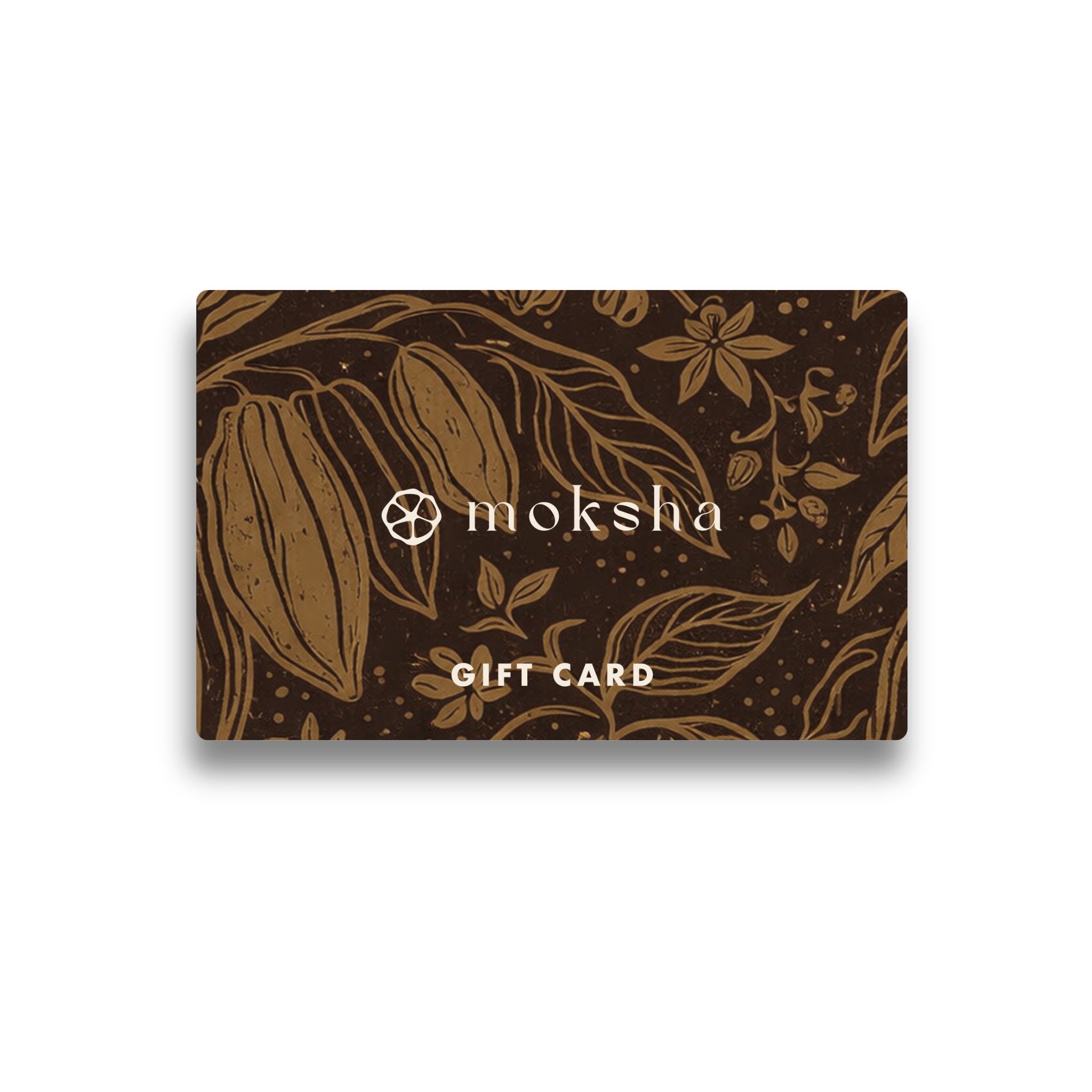 Moksha gift card with chocolate-themed design on a white background