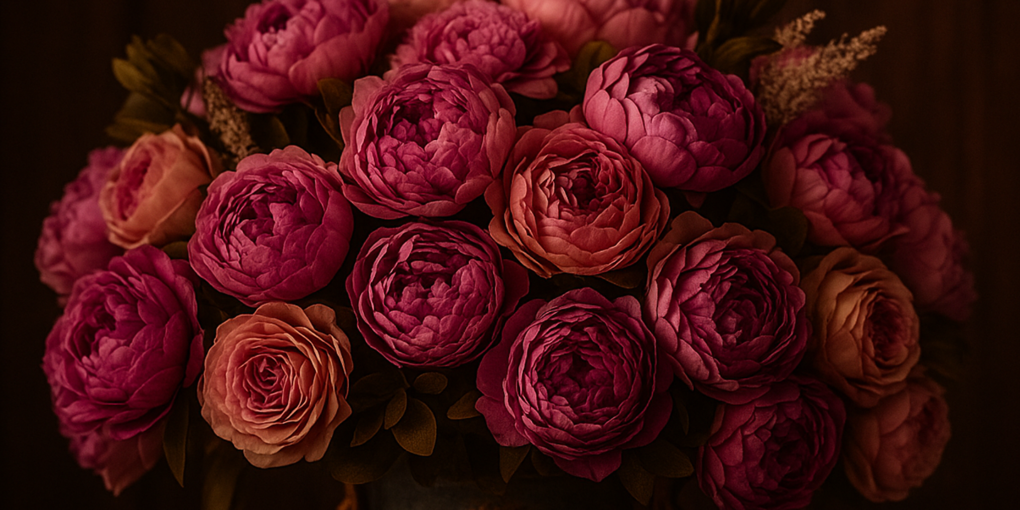 A tightly framed image of a lush bouquet of deep pink and mauve peonies in full bloom, arranged closely together with subtle green leaves, against a dark, moody background.