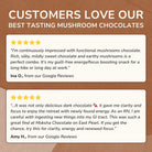 Customer reviews for Moksha functional mushroom chocolate highlighting taste, energy, and focus benefits with five-star ratings.