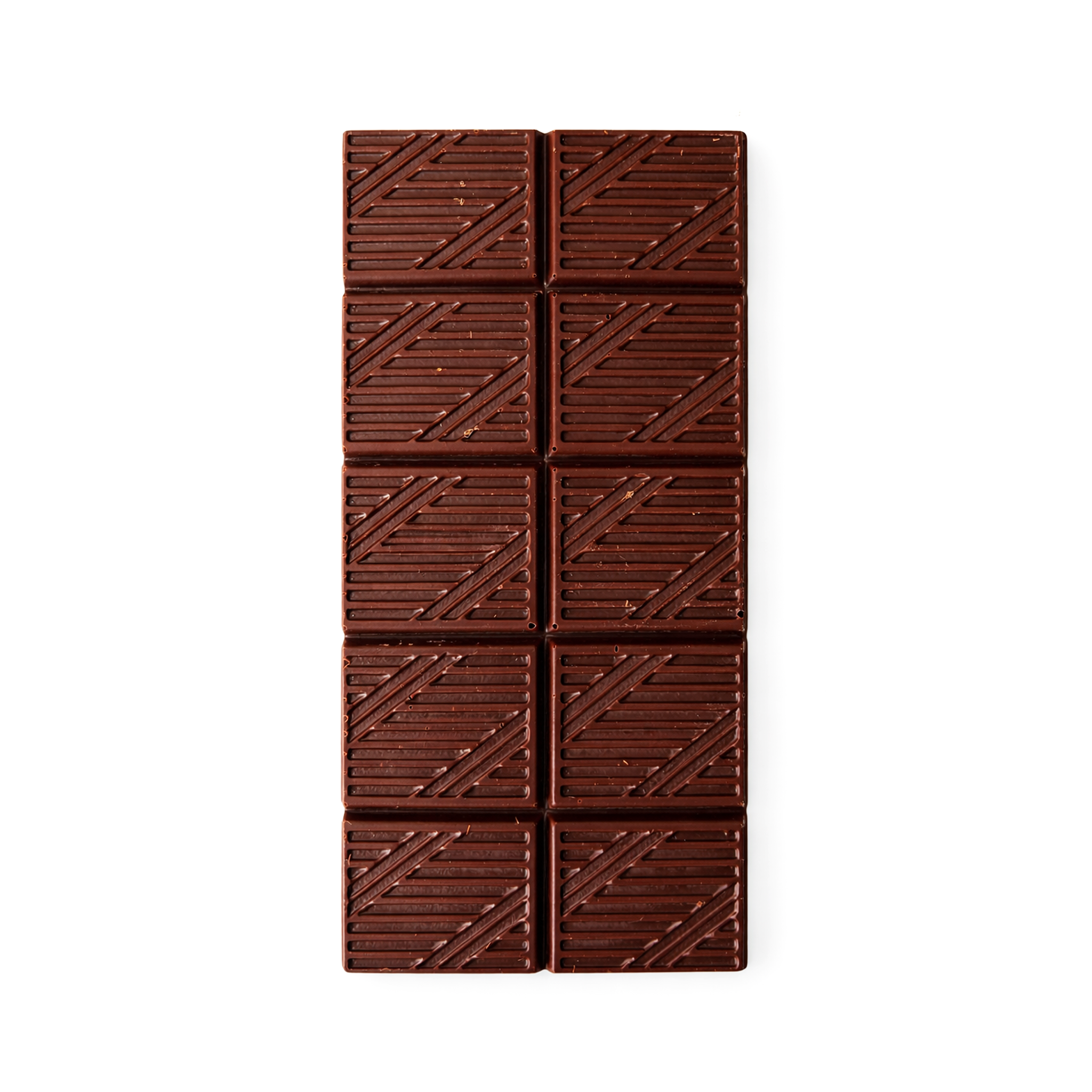 Unwrapped Moksha Pisa 70% dark chocolate bar shown from above, with rectangular segments and a textured diagonal pattern on a light background.