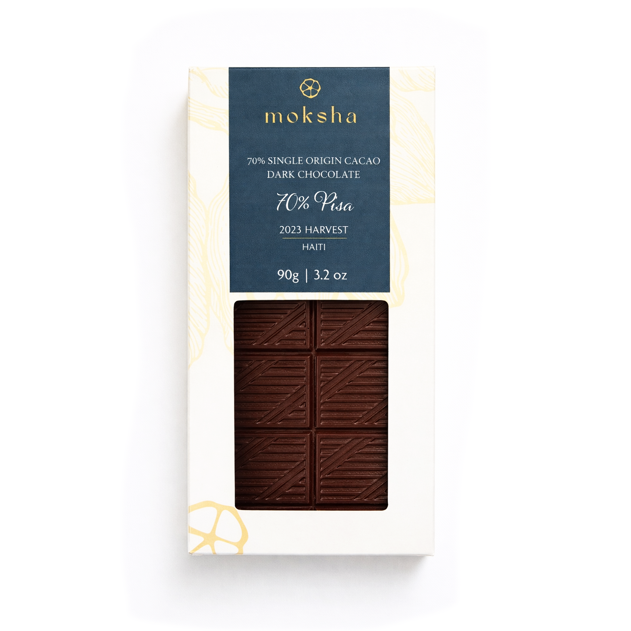 Moksha Chocolate Pisa 70% single-origin dark chocolate bar in white packaging with a blue label and window showing the chocolate, photographed on a light gray background.