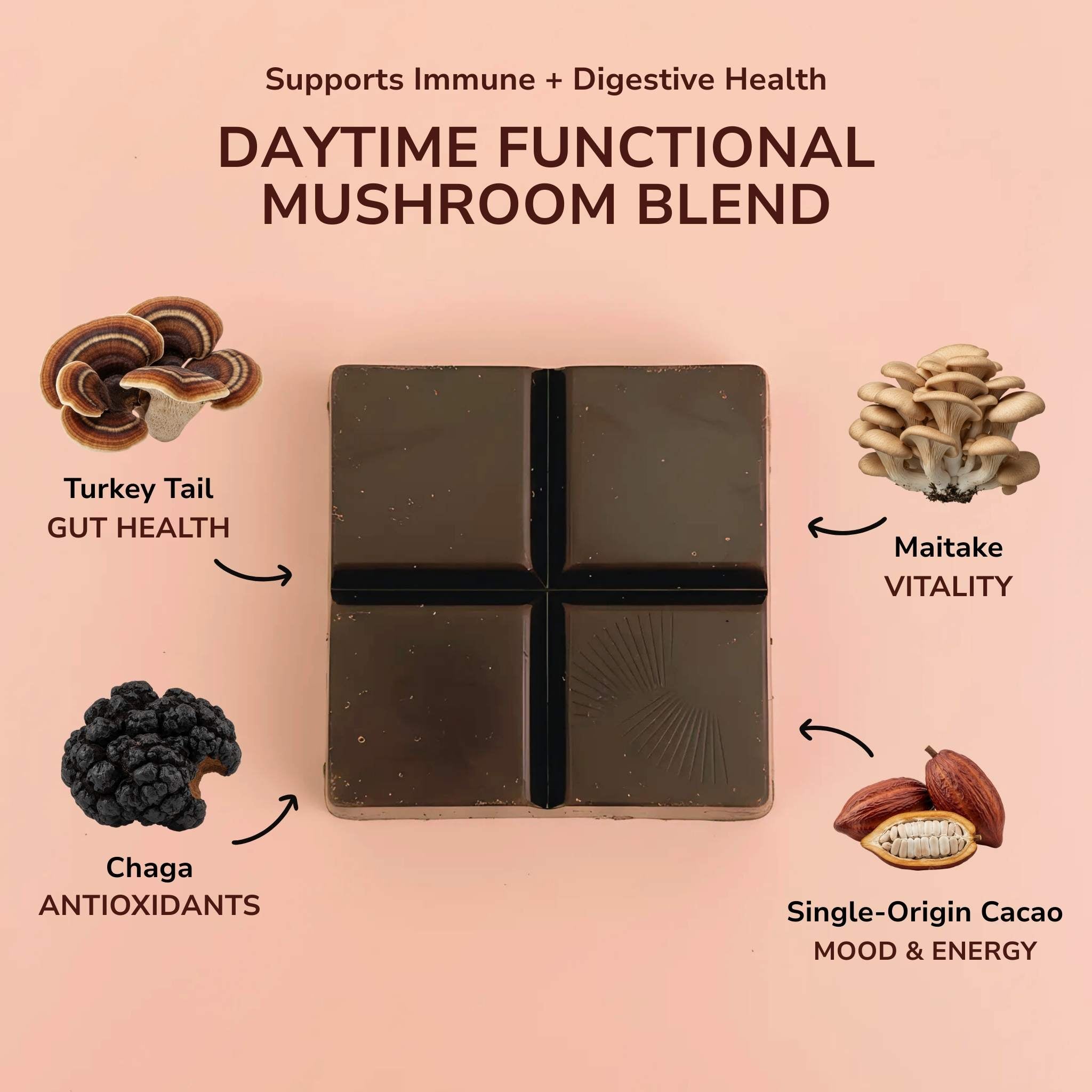 Unwrapped Moksha Turkey Tail, Maitake, and Chaga functional mushroom chocolate showing dark chocolate square with labeled mushroom and cacao benefits.