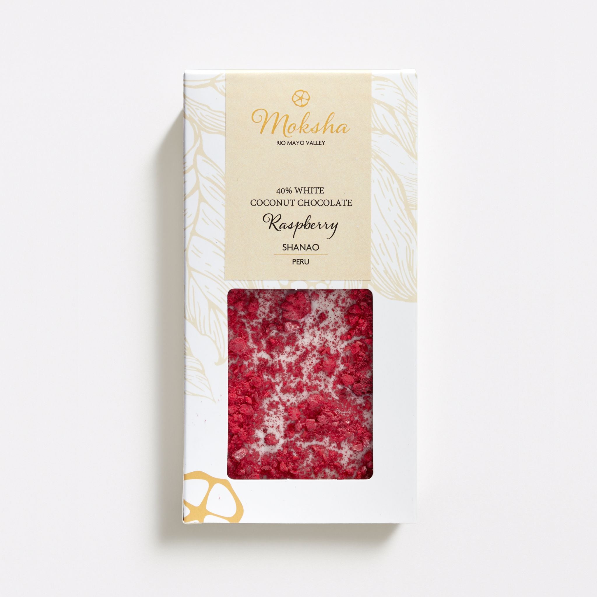 Moksha 40% White Coconut Chocolate Raspberry bar in white and gold packaging with a clear window showing the raspberry-topped white chocolate.